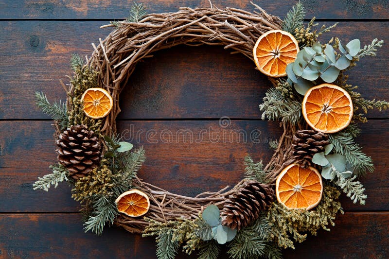 A collection of materials used for crafting a natural holiday wreath, including evergreen branches, dried orange slices, cinnamon sticks, and burlap ribbon, emphasizing the natural and handmade aspect of the project.