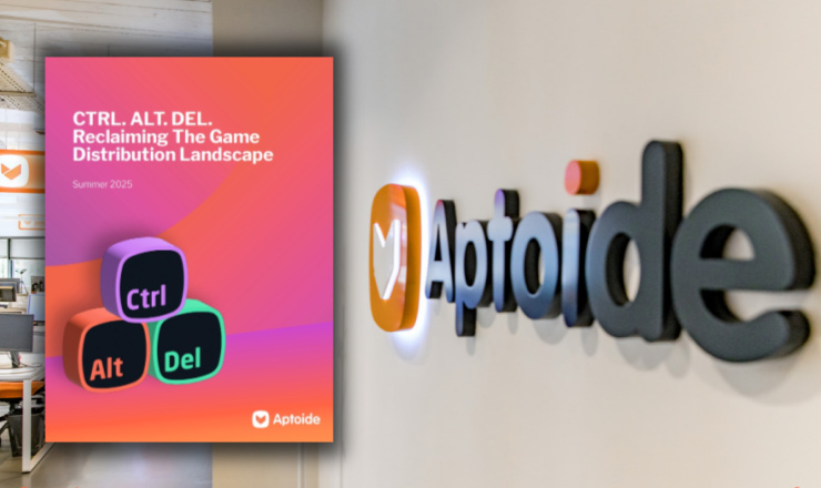 A stylized courtroom gavel strikes down on a cracked Apple logo. Splinters of the logo fly outwards, forming stylized keyboard keys and PC game controller buttons. The scene symbolizes the potential dismantling of Apple's control over the gaming ecosystem, and the fragmented future that could result.