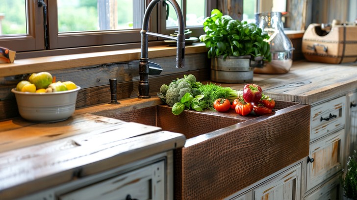 Overhead, instructional photographs showing step two in creating the hanging herb drying rack. The image is well-lit (using diffused natural light from a north-facing window), and clearly shows the materials and process, focusing on the textures of the reclaimed wood, the details of the copper wire, and the use of the drill and pliers. Maintain a clean, uncluttered background. Quality should be 4k, high resolution, professional photography, shot with a Nikon D850 and a macro lens.