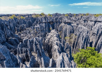 Zara carefully navigates a rocky path within the Tsingy, relying on her sturdy hiking boots and the guidance of Rakoto, the local guide. The alt text emphasizes the challenging terrain and the essential role of a local guide.