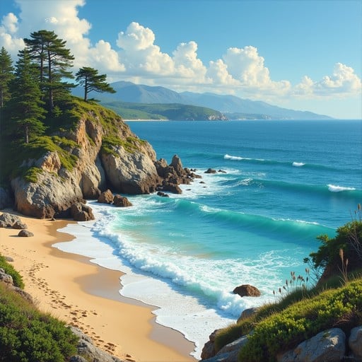 A coastal paradise cove with lush green vegetation and clear blue water.