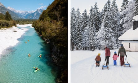 An action shot of a kayaker paddling through a snowy rapid on the Soca River, capturing the vibrant adventure in a stark winter landscape.