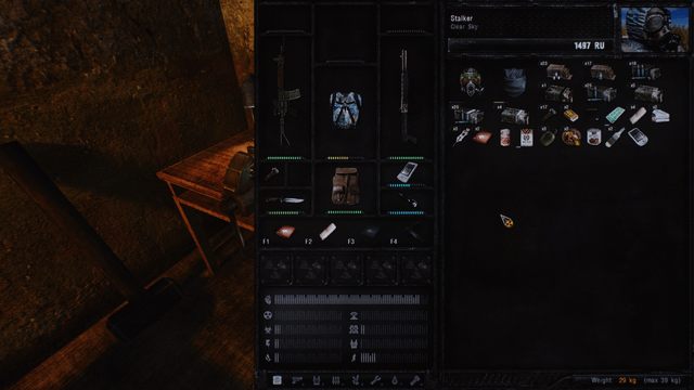 A Stalker customizing his weapon with various attachments and modifications in a secure location.