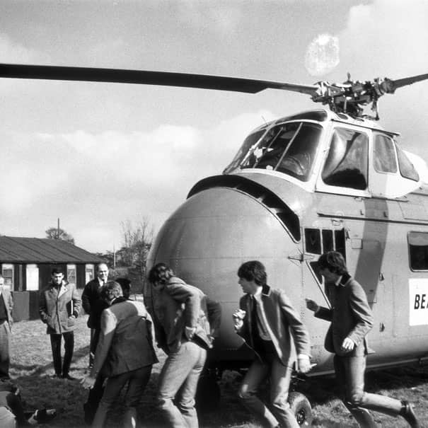 A behind-the-scenes photo from the set of 'A Hard Day's Night' showing the lighting setup for the helicopter scene.