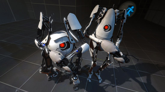 A screenshot of a complex Portal 2 co-op puzzle environment cluttered with multiple active pings. The pings should be clearly visible, each in a distinct color (blue, yellow, green).