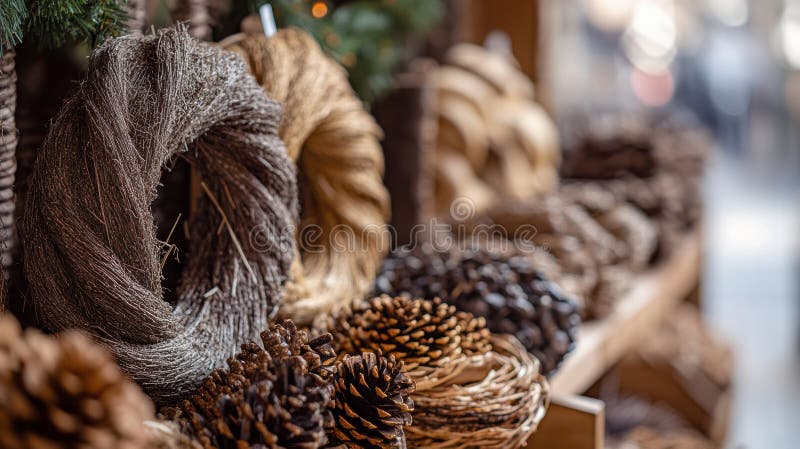 Close-up of cinnamon sticks tied with twine, ready to be added as a decorative element to the wreath, showcasing the use of natural spices.