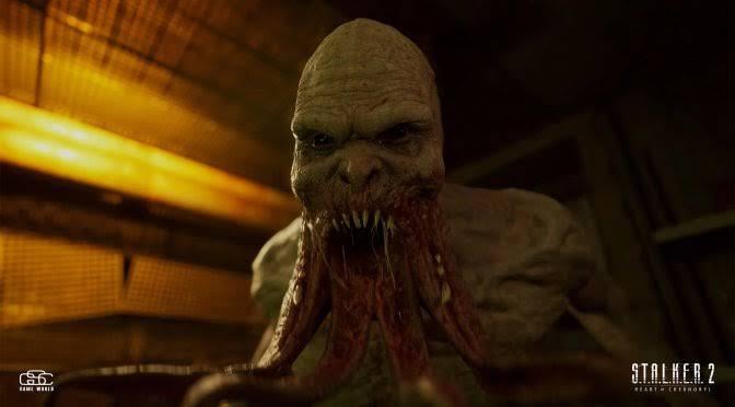 A Stalker cautiously navigates a dark and decaying corridor within the Jupiter factory. Light shafts pierce through broken windows, illuminating dust particles in the air. The scene showcases the game's atmospheric lighting and detailed environments.