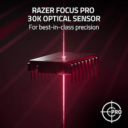 Macro shot of the Razer Focus Pro 30K optical sensor on the underside of the Razer Viper V2 Pro, highlighting the lens and the surrounding textured surface.