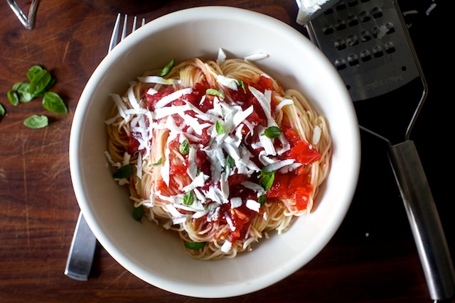 Close-up of angel hair pasta with homemade fresh tomato sauce