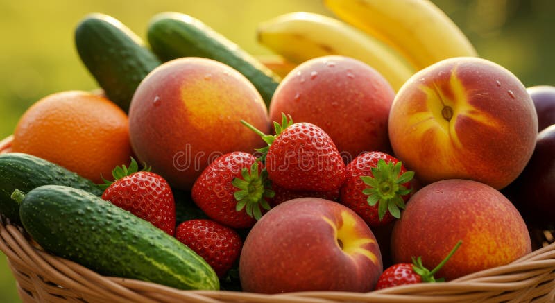 Fresh fruit and vegetable basket with summer harvest