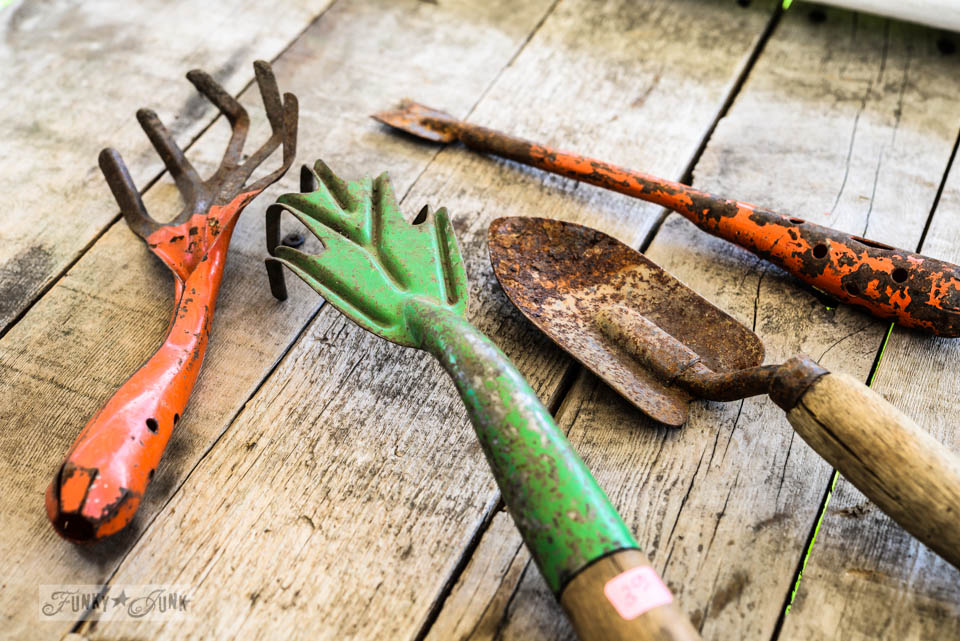 Various gardening tools, showcasing the variety available and the joy of finding useful tools secondhand