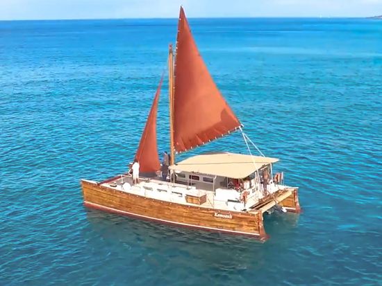 A voyaging canoe sailing under a starlit sky