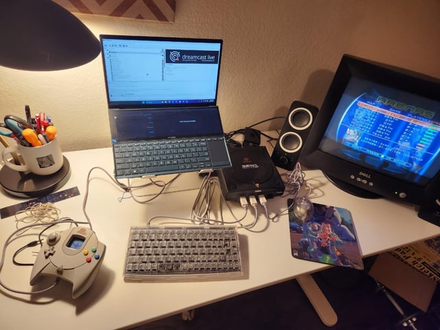A screenshot collage showing Quake III Arena, Unreal Tournament, System Shock 2, and Deus Ex running on a modern monitor with scanlines enabled.