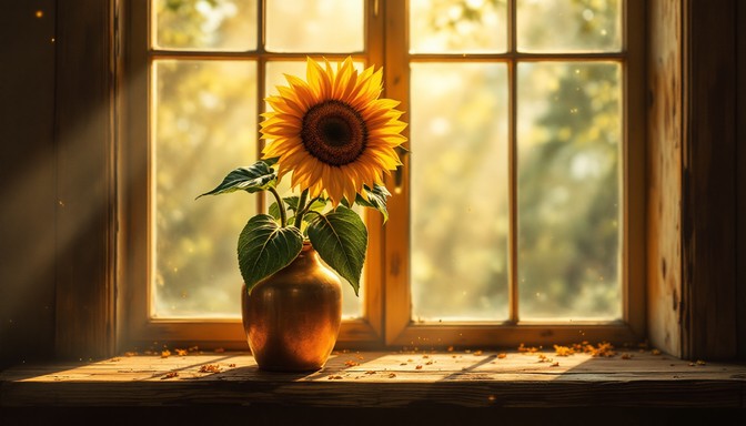Sunlit window with flowers