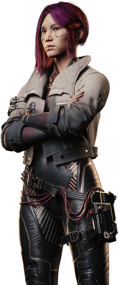 A character render of Songbird, showcasing her design and expressions. She looks determined but with a hint of weariness.