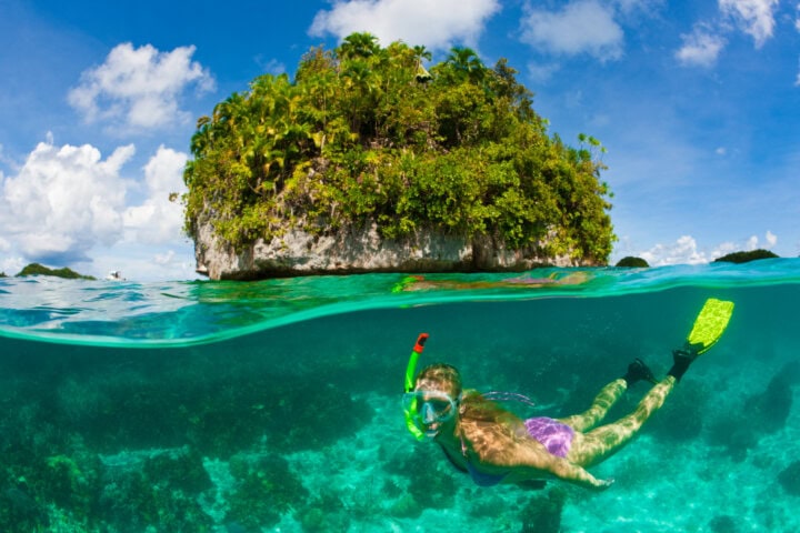 Tourist Snorkeling among vibrant coral in Palau's Rock Islands, surrounded by diverse marine life