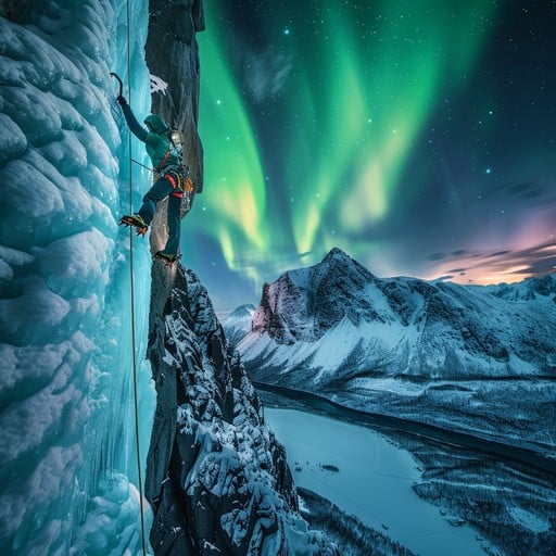 An ice climber ascends a frozen waterfall in Iceland, with the ethereal glow of the Northern Lights illuminating the scene, showcasing the beauty and challenge of winter adventure in the Arctic.