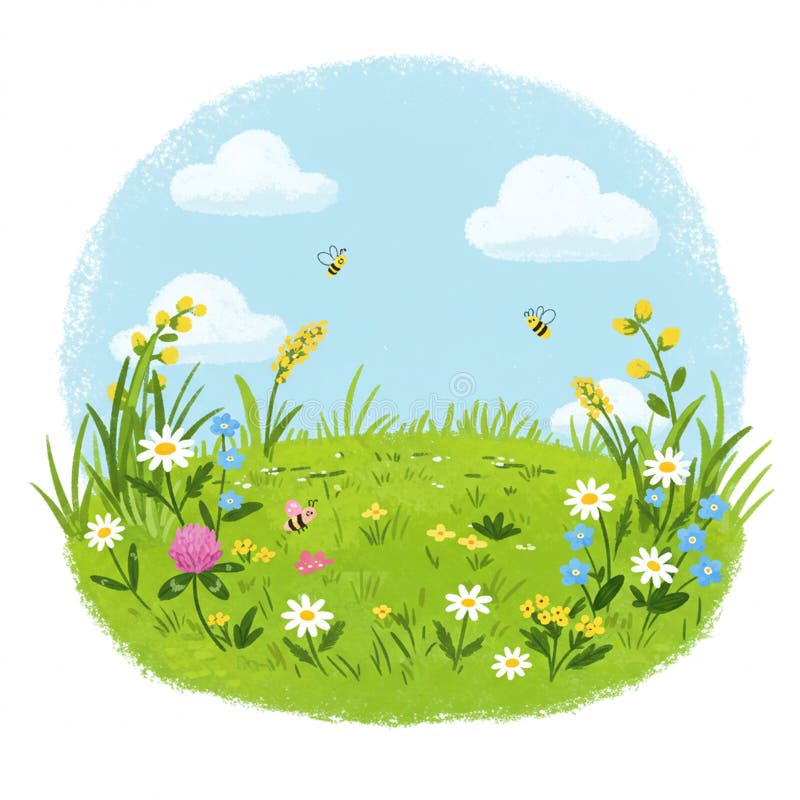 Diverse lawn wildflowers clover dandelions buzzing insects
