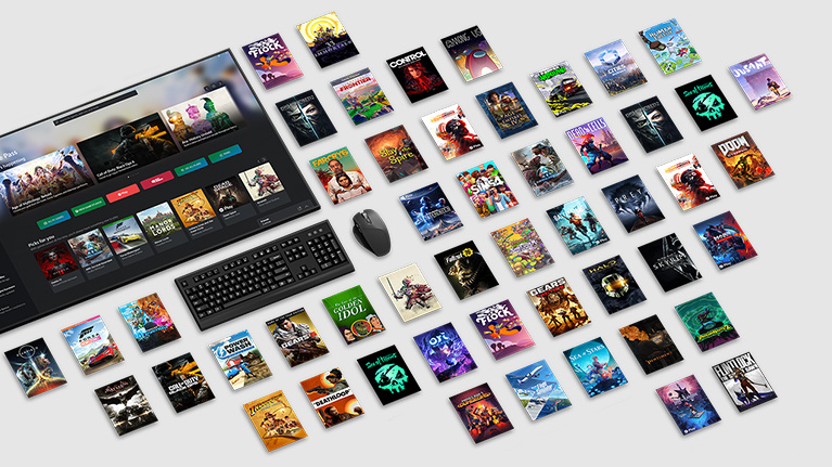 A photograph of a person sitting at a desk, surrounded by multiple monitors displaying various video game interfaces. The image highlights the immersive and complex nature of PC gaming setups.