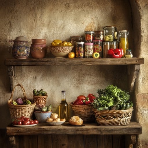 A rustic kitchen with jars filled with homemade tomato soup base.