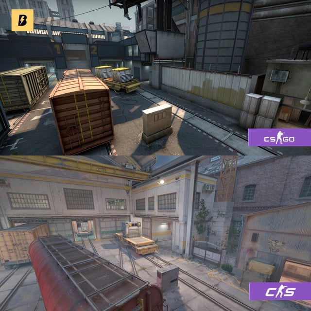 Counter-Strike Source, de_train, T side pushing onto train cars near B site, muzzle flash, realistic reflections on train cars, high resolution