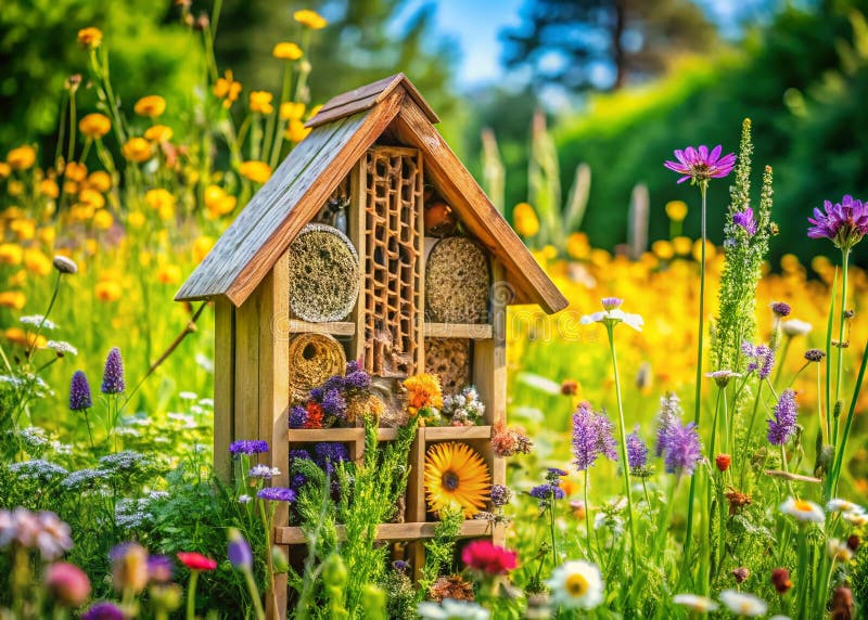 diverse bee hotel with different sized holes