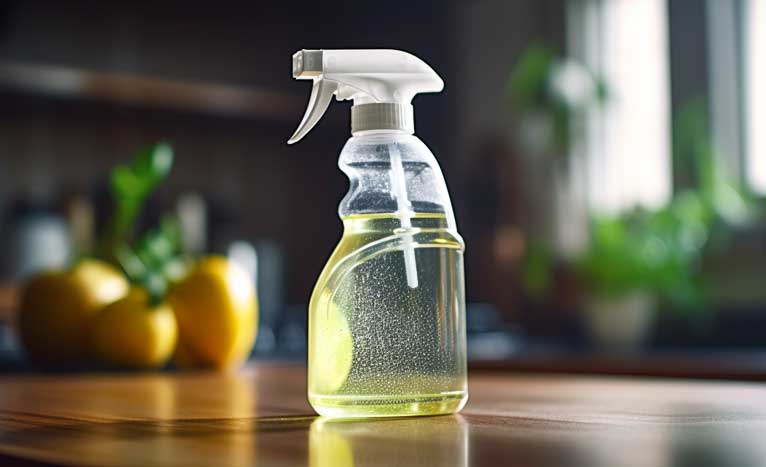 A spray bottle of homemade cleaner with fresh herbs