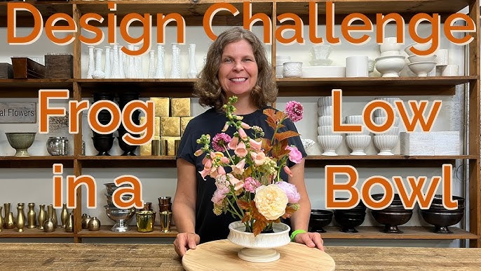 Step-by-step images showing the process of creating a simple bouquet using a flower frog and a clear glass bud vase. Each image should focus on a specific step: 1) Adding the flower frog to the vase