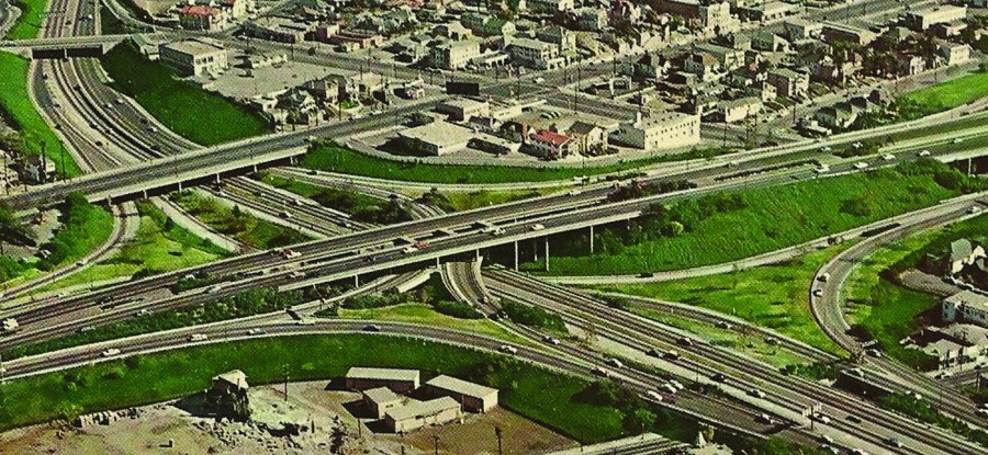 An elevated shot of a Los Angeles freeway, symbolizing the distance and dependence on outside resources that a root cellar can mitigate