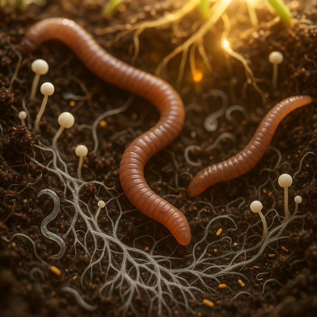 A hand gently planting a seedling into a mulch-covered no-till garden bed.