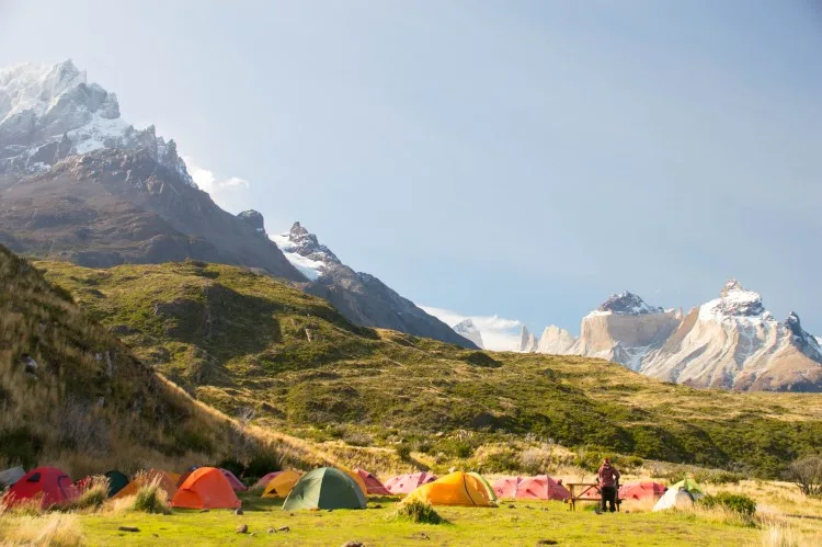 A panoramic view of the Towers Base in Torres del Paine National Park, showcasing the dramatic landscape of the W Trek