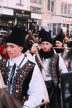 A wide shot capturing the frenetic energy of the Bear Festival in Comănești, showcasing the vibrant costumes and bustling crowds.