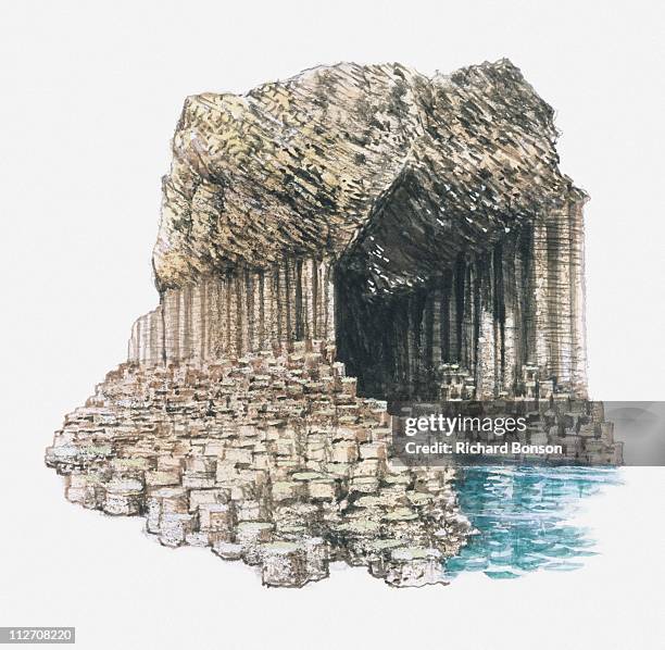 Dramatic basalt columns form Fingal's Cave on the Isle of Staffa, Scotland, where crashing waves resonate with an otherworldly echo, amplifying the natural sounds of the ocean.