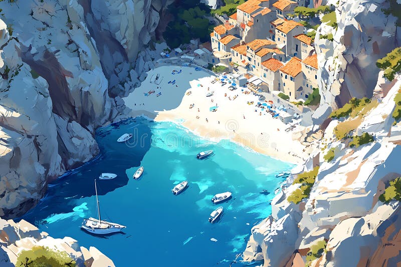 Stunning aerial view of a secluded Mediterranean coastal town with boats and a beach in a picturesque cove