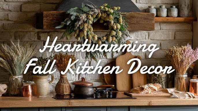 pumpkins and gourds in a kitchen setting