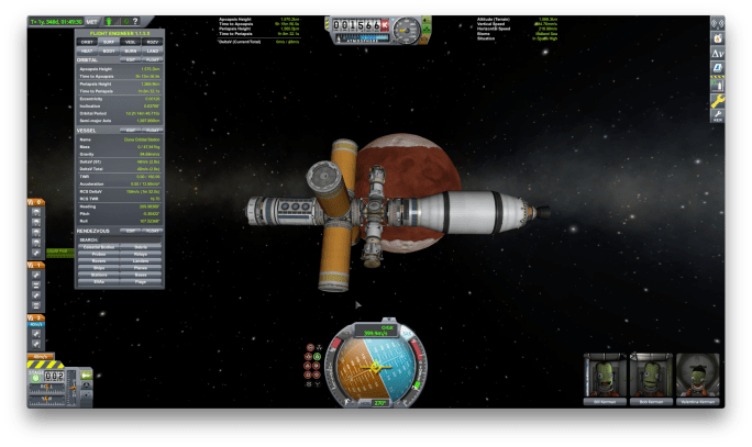 Screenshot of the Kerbalism monitor showing life support resource levels and radiation exposure.