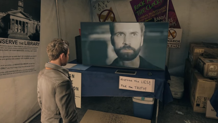 A medium shot of Alan Wake in the Dark Place looking directly at the 