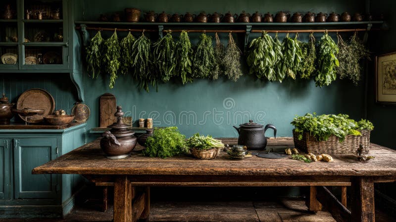 Rustic kitchen setting with bundles of drying herbs