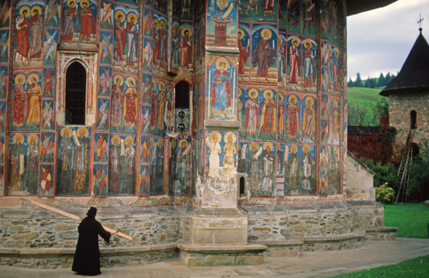 One of the painted monasteries of Bucovina, showcasing intricate frescoes