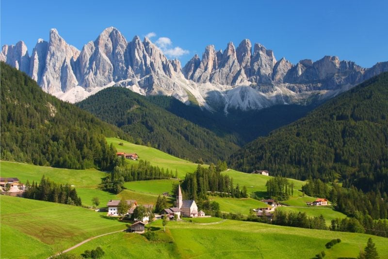 A stunning view of the Dolomites in Val Gardena, South Tyrol, Italy.
