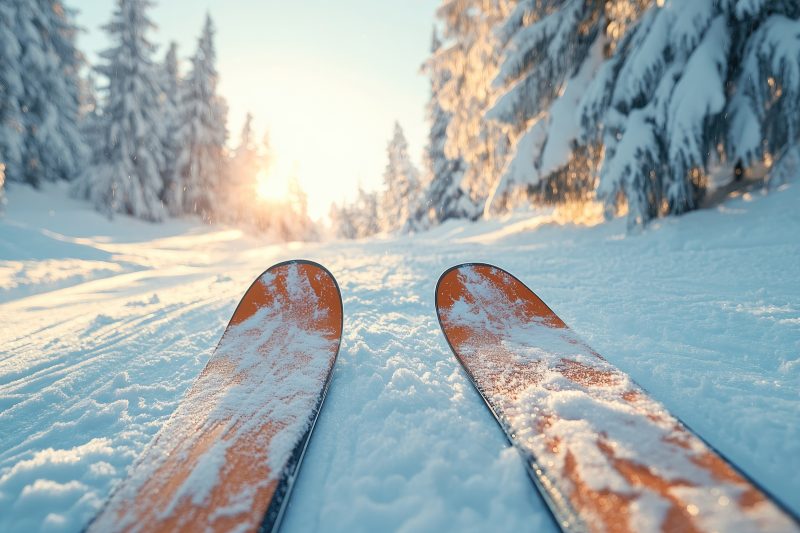 large skis on snowy slope with pine trees at sunset during winter sports activities
