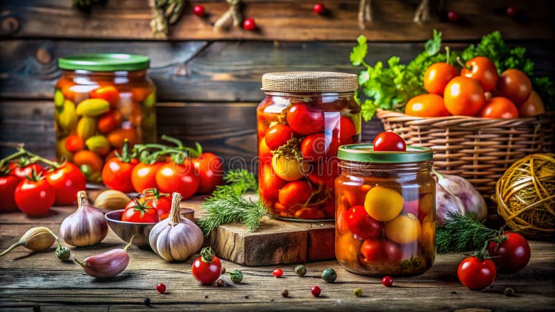 Close-up of homemade pickled tomatoes, showcasing a delightful canning project