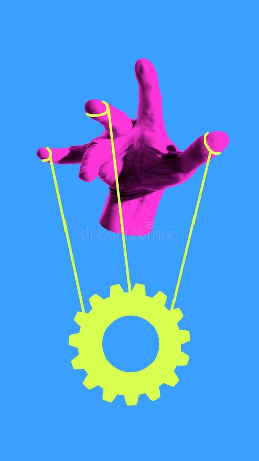 A shadowy figure manipulating digital puppets on strings, symbolizing the control and influence exerted by tech companies over online narratives.