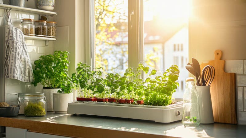 close up basil plants growing indoor