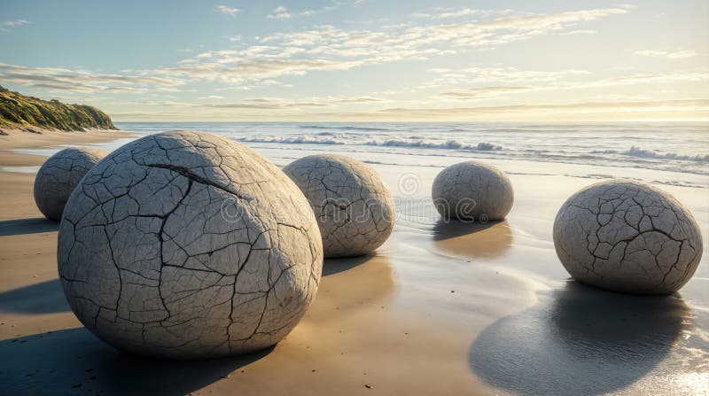 A low-angle shot capturing the bowling ball rocks at low tide, with the receding waves creating a sense of movement and drama.