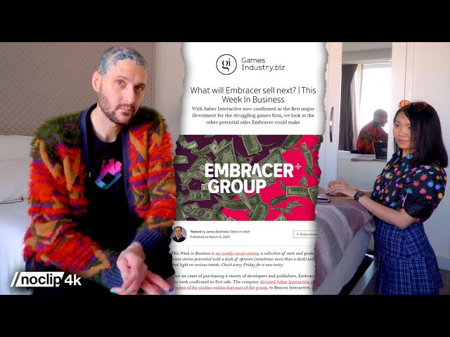 Screenshot montage featuring games from Embracer's portfolio, slightly blurred