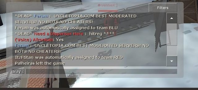 A screenshot of the in-game text chat filled with spam messages from bots, highlighting the disruptive nature of the bot infestation. The screenshot should clearly show the offensive and repetitive nature of the bot messages.