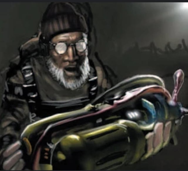 A detailed view of a futuristic weapon, set against a background that hints at a high-tech environment.