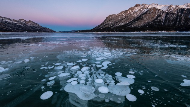A wide shot of Abraham Lake at golden hour showcasing the ice bubbles
