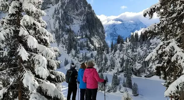 A group of snowshoers gathered around a fondue pot in a snowy meadow.